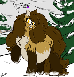 Size: 1235x1280 | Tagged: safe, artist:somefrigginnerd, oc, oc only, oc:gadget flare, species:pony, species:unicorn, belly, chest fluff, dialogue, fat, female, fluffy, huge belly, one hoof raised, outdoors, snow, socks (coat marking), solo, talking to viewer, tree, winter, winter coat