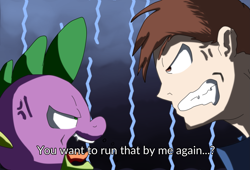 Size: 3751x2551 | Tagged: safe, artist:chiptunebrony, character:spike, alonzo, angry, anime, argument, faec, fake screencap, funny, subtitles, trigun, vein bulge