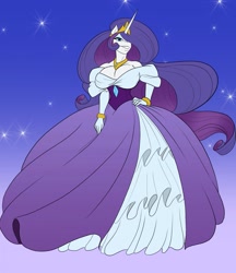 Size: 1105x1280 | Tagged: safe, artist:toughset, character:princess celestia, character:rarity, species:anthro, big breasts, breasts, busty rarity, cleavage, clothing, commission, crown, dress, evening gloves, female, fusion, gloves, gown, huge breasts, impossibly large dress, jewelry, long gloves, long hair, petticoat, poofy shoulders, regalia, skirt, solo