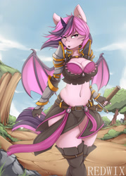Size: 2500x3500 | Tagged: safe, artist:redwix, oc, oc only, oc:battica, species:alicorn, species:anthro, species:bat pony, species:pony, anthro oc, bat pony alicorn, bat pony oc, belly button, boots, breasts, clothing, cloud, commission, female, looking at you, sexy, shoes, skirt, sky, solo, sword, thigh boots, thighs, tree, weapon, ych result