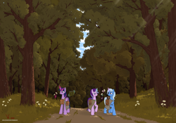 Size: 3000x2100 | Tagged: safe, artist:eriada, character:starlight glimmer, character:trixie, character:twilight sparkle, character:twilight sparkle (alicorn), species:alicorn, species:pony, species:unicorn, clothing, female, flower, forest, glowing horn, magic, mare, robe, saddle bag, telekinesis, tree, trio
