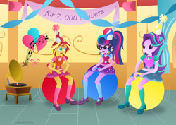 Size: 1024x725 | Tagged: safe, artist:lavenderrain24, character:starlight glimmer, character:sunset shimmer, character:twilight sparkle, character:twilight sparkle (scitwi), species:eqg human, my little pony:equestria girls, balloon, balloon sitting, belt, bow tie, clothing, female, glasses, grin, hat, hopping, magical trio, mary janes, open mouth, party hat, ponytail, record player, skirt, smiling, socks, space hopper, thighs, trio, weird fetish