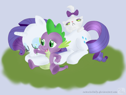 Size: 1024x768 | Tagged: safe, artist:swanlullaby, character:opalescence, character:rarity, character:spike, species:dragon, species:pony, species:unicorn, ship:sparity, female, flower, hug, interspecies, male, mare, prone, shipping, spikelove, straight