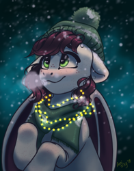 Size: 1958x2500 | Tagged: safe, artist:amishy, oc, oc only, oc:slumber tea, species:bat pony, species:pony, beanie, blushing, clothing, digital art, female, floppy ears, freckles, hat, high res, lights, looking up, mare, red hair, red mane, red tail, scarf, signature, smiling, snow, solo, winter, ych result