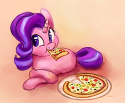 Size: 2720x2240 | Tagged: safe, artist:aemantaslim, character:starlight glimmer, species:pony, species:unicorn, cute, eating, female, food, glimmerbetes, lying down, mare, meat, mushroom, olive, peetzer, pepper, pepperoni, pineapple, pineapple pizza, pizza, plate, solo, that pony sure does love pineapple pizza, this will end in weight gain