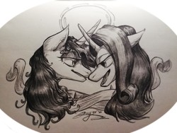 Size: 4160x3120 | Tagged: safe, artist:angusdra, character:starlight glimmer, character:twilight sparkle, character:twilight sparkle (alicorn), species:alicorn, species:pony, species:unicorn, ship:twistarlight, female, lesbian, looking at each other, monochrome, shipping, traditional art