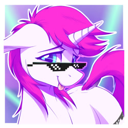 Size: 1062x1062 | Tagged: safe, artist:fanch1, oc, oc:cheesy-shades, species:pony, species:unicorn, bust, deal with it, dock, female, glasses, portrait, solo, tongue out