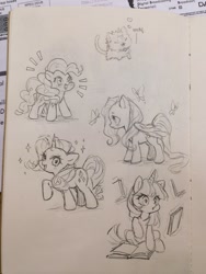 Size: 768x1024 | Tagged: safe, artist:dcon, character:fluttershy, character:pinkie pie, character:rarity, character:twilight sparkle, species:earth pony, species:pegasus, species:pony, species:unicorn, book, female, mare, sketch, traditional art