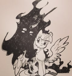 Size: 540x568 | Tagged: safe, artist:tingsan, character:king sombra, character:twilight sparkle, character:twilight sparkle (alicorn), species:alicorn, species:pony, species:umbrum, ship:twibra, black and white, female, grayscale, male, monochrome, shipping, straight