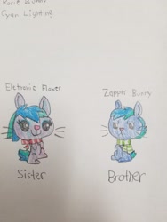 Size: 3024x4032 | Tagged: safe, artist:drypony198, oc, oc:electronic flower bunny, oc:zapper bunny, barely pony related, brother and sister, clothing, cute, female, male, parent:cyan lighting, parent:rosie bunny, parents:cyanrosie, scarf, traditional art