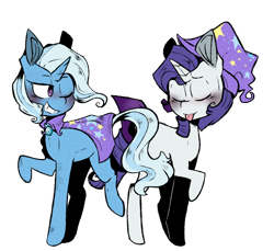 Size: 1280x1172 | Tagged: safe, artist:urbanqhoul, character:rarity, character:trixie, species:pony, species:unicorn, accessory swap, clothing, eyes closed, female, grin, hat, lesbian, looking back, mare, one eye closed, rarixie, raspberry, shipping, smiling, the great and powerful, tongue out, trixie's hat, wink