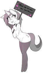 Size: 1144x1920 | Tagged: safe, artist:enryuuchan, oc, oc only, oc:tied hooves, species:pony, species:unicorn, blep, clothing, femboy, goodbye, horn, lineart, male, sign, socks, thigh highs, tongue out, tumblr 2018 nsfw purge, tumblr drama, unicorn oc