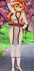 Size: 1246x2556 | Tagged: safe, artist:anonix123, character:sunset shimmer, species:human, breasts, clothing, female, humanized, kunoichi, ninja, smiling, solo, tree