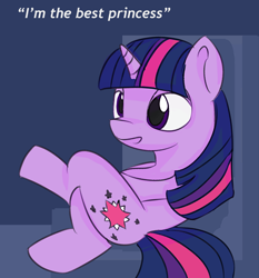Size: 850x911 | Tagged: safe, artist:treekickerdraws, character:twilight sparkle, character:twilight sparkle (alicorn), species:alicorn, species:pony, abstract background, crossed legs, delusion, female, mare, open mouth, quote, sitting, solo