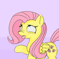 Size: 900x900 | Tagged: safe, artist:treekickerdraws, character:fluttershy, species:pegasus, species:pony, abstract background, ahegao, female, mare, open mouth, raised hoof, solo, tongue out