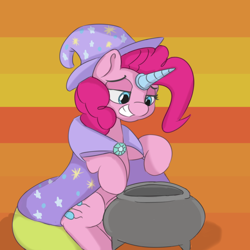 Size: 900x900 | Tagged: safe, artist:treekickerdraws, character:pinkie pie, species:earth pony, species:pony, abstract background, cape, cauldron, clothing, fake horn, female, hat, lidded eyes, looking down, mare, smiling, solo, trixie's cape, trixie's hat