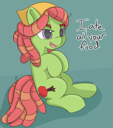 Size: 748x850 | Tagged: safe, artist:treekickerdraws, character:tree hugger, species:earth pony, species:pony, abstract background, dreadlocks, female, huggerbetes, mare, open mouth, sitting, smiling, solo, text