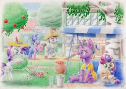 Size: 4665x3275 | Tagged: safe, artist:xeviousgreenii, character:cookie crumbles, character:hondo flanks, character:rarity, character:sweetie belle, oc, species:pony, apple tree, bush, cart, family, hammock, high res, ladder, lawn mower, magic, music box, shears, swing, traditional art, tree
