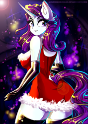 Size: 2893x4092 | Tagged: safe, artist:minamikoboyasy, character:rarity, species:anthro, breasts, christmas, clothing, curved horn, evening gloves, female, gloves, holiday, horn, long gloves, looking back, solo