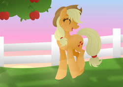Size: 1280x906 | Tagged: safe, artist:lavenderrain24, character:applejack, species:earth pony, species:pony, clothing, cowboy hat, eyes closed, female, hat, mare, solo, stetson, tree