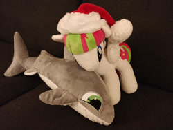 Size: 2000x1500 | Tagged: safe, artist:galekz, artist:skippymagrue, character:blossomforth, species:pony, christmas, clothing, cuddling, hat, holiday, irl, photo, plushie, santa hat, shark, shark plushie