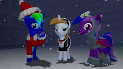 Size: 1280x720 | Tagged: safe, artist:sevenxninja, oc, oc only, oc:lavender twirl, oc:love biscuit, oc:lydia dieselsteam, species:alicorn, species:bat pony, species:pony, species:unicorn, 3d, animal costume, bat pony oc, christmas, clothing, costume, gmod, hat, holiday, maid, santa hat, snow, snowfall, tongue out, winter, wolf costume