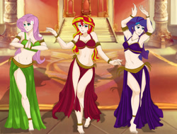 Size: 2252x1701 | Tagged: safe, artist:anonix123, character:fluttershy, character:rarity, character:sunset shimmer, species:human, anklet, armlet, armpits, barefoot, bedroom eyes, belly, belly button, belly dancer, belly dancer outfit, blushing, bracelet, breasts, cleavage, cutie mark accessory, dancing, eyeshadow, feet, female, hairpin, harem outfit, humanized, jewelry, legs, loincloth, makeup, midriff, pose, sexy, smiling, stupid sexy fluttershy, stupid sexy rarity, stupid sexy sunset shimmer, throne room