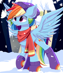 Size: 1300x1500 | Tagged: safe, artist:heddopen, character:rainbow dash, species:pegasus, species:pony, beanie, butterfly, clothing, cute, dashabetes, eye clipping through hair, female, hat, open mouth, scarf, snow, socks, solo, winter, winter outfit