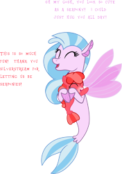 Size: 6000x8512 | Tagged: safe, artist:pilot231, character:silverstream, oc, oc:hope mustang, species:seapony (g4), absurd resolution, cute, diastreamies, female, filly, happy, hug, seaponified, simple background, snow tip nose, species swap, talking, transparent background, vector