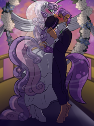 Size: 2048x2732 | Tagged: safe, artist:percy-mcmurphy, character:sweetie belle, character:tender taps, species:anthro, species:earth pony, species:unguligrade anthro, species:unicorn, g4, clothing, dress, eyes closed, female, kissing, male, mare, older, older sweetie belle, shipping, size difference, smiling, stallion, straight, suit, tenderbelle, wedding dress