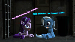 Size: 1280x720 | Tagged: safe, artist:sevenxninja, character:starlight glimmer, character:trixie, species:pony, 3d, angry, gmod, pavement, rain, street, text, trash can