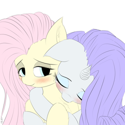Size: 4000x4000 | Tagged: safe, artist:maneingreen, character:fluttershy, character:rarity, species:pegasus, species:pony, species:unicorn, ship:rarishy, blushing, chest fluff, female, hug, lesbian, shipping