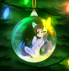 Size: 3906x4000 | Tagged: safe, artist:sugarstar, oc, oc only, oc:ravendancer, species:pegasus, species:pony, annoyed, bauble, christmas, christmas lights, christmas tree, digital art, female, high res, holiday, mare, solo, tree, watermark, ych result