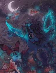 Size: 2550x3300 | Tagged: safe, artist:hinoraito, oc, oc only, species:flutter pony, butterfly, color porn, fish, flying, glow, night, water