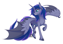 Size: 595x420 | Tagged: safe, artist:basykail, oc, oc only, species:alicorn, species:bat pony, species:pony, alicorn oc, bat ears, bat pony alicorn, bat wings, cutie mark, ethereal mane, fangs, female, hybrid wings, mare, one eye closed, simple background, solo, spread wings, transparent background, wing claws, wings, wink