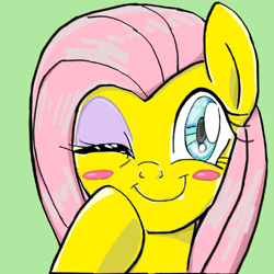 Size: 480x480 | Tagged: safe, artist:tastyrainbow, character:fluttershy, blushing, cute, early concept, female, happy, one eye closed, solo, wink