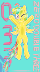 Size: 480x852 | Tagged: safe, artist:tastyrainbow, species:pegasus, species:pony, cute, early concept, happy, lies, one eye closed, solo, wink