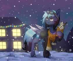 Size: 2100x1758 | Tagged: safe, artist:lonerdemiurge_nail, oc, oc only, oc:frostburn, species:alicorn, species:pony, alicorn oc, christmas, christmas lights, clothing, digital art, food, glasses, holiday, house, male, scarf, signature, snow, solo, stallion, sundae, winter, ych result
