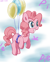 Size: 800x1000 | Tagged: safe, artist:tastyrainbow, character:pinkie pie, species:earth pony, species:pony, balloon, cloud, cute, diapinkes, female, floating, flying, food, grin, happy, laughing, letter, mare, missing cutie mark, pi, pie, smiling, solo, squee, text, then watch her balloons lift her up to the sky, wide eyes