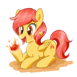 Size: 1200x1200 | Tagged: safe, artist:tastyrainbow, oc, oc only, species:pegasus, species:pony, blushing, cute, female, fire, mare, orange eyes, prone, solo
