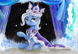Size: 1024x712 | Tagged: safe, artist:lailyren, artist:moonlight-ki, character:trixie, species:pony, species:unicorn, episode:hearth's warming eve, g4, my little pony: friendship is magic, cape, clothing, crown, female, jewelry, mare, mixed media, princess platinum, raised hoof, regalia, solo, stage, traditional art