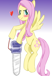Size: 1100x1600 | Tagged: safe, artist:tastyrainbow, character:fluttershy, species:pegasus, species:pony, .mov, blushing, chainsaw, cute, female, fluttershed, gradient background, heart, mare, pony.mov, shed.mov, solo