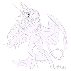 Size: 800x800 | Tagged: safe, artist:creeate97, character:twilight sparkle, character:twilight sparkle (alicorn), species:alicorn, species:pony, female, lineart, mare, monochrome, rearing, simple background, solo, spread wings, white background, wings