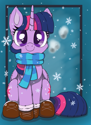 Size: 1375x1875 | Tagged: safe, artist:bigshot232, derpibooru original, character:twilight sparkle, character:twilight sparkle (alicorn), species:alicorn, species:pony, booties, boots, both cutie marks, breath, cheek fluff, clothing, cold, cute, ear fluff, female, looking at you, mare, scarf, shoes, simple background, sitting, smiling, snow, snowfall, twiabetes