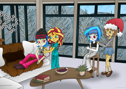 Size: 1280x906 | Tagged: safe, artist:lavenderrain24, character:dj pon-3, character:sunset shimmer, character:vinyl scratch, oc, oc:blissful trance, oc:healing touch, my little pony:equestria girls, bandage, christmas, clothing, commission, couch, female, goggles, hat, holiday, listening, mountain, santa hat, ski, ski goggles, ski lodge, smiling, stethoscope, stool, table, window