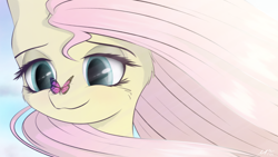 Size: 4800x2700 | Tagged: safe, artist:maneingreen, character:fluttershy, species:pegasus, species:pony, bust, butterfly, butterfly on nose, cheek fluff, female, insect on nose, looking at something, mare, portrait, solo, stray strand, windswept mane