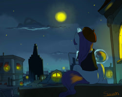 Size: 1280x1024 | Tagged: safe, artist:swomswom, character:rarity, species:pony, species:unicorn, beatnik rarity, beret, city, clothing, female, france, hat, mare, moon, night, painting, paris, plein air, rear view, rooftop, scenery, sitting, solo