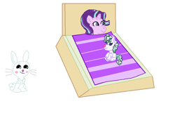 Size: 813x525 | Tagged: safe, artist:drypony198, character:angel bunny, character:starlight glimmer, oc, oc:starxie, parent:angel bunny, parent:starlight glimmer, parents:starbunny, blanket, blushing, female, interspecies, male, shipping, starbunny, straight