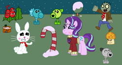 Size: 738x395 | Tagged: safe, artist:drypony198, character:angel bunny, character:starlight glimmer, blushing, candy, candy cane, clothing, dry peashooter, female, flower pot, food, interspecies, jolly barrier, male, night, peashooter, plants vs zombies, shipping, snow, snow pea, starbunny, straight, sun shroom, sweater, tree, zombie