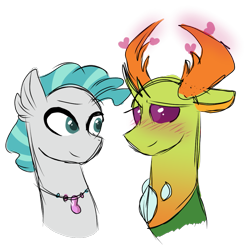 Size: 1155x1154 | Tagged: safe, artist:thepegasisterpony, character:terramar, character:thorax, species:changeling, species:hippogriff, species:reformed changeling, bust, crack shipping, duo, gay, heart, interspecies, jewelry, male, necklace, shipping, terrax, transformation